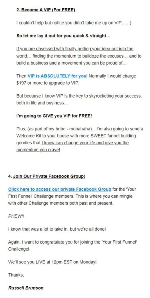 Welcome email in Russell's challenge funnel
